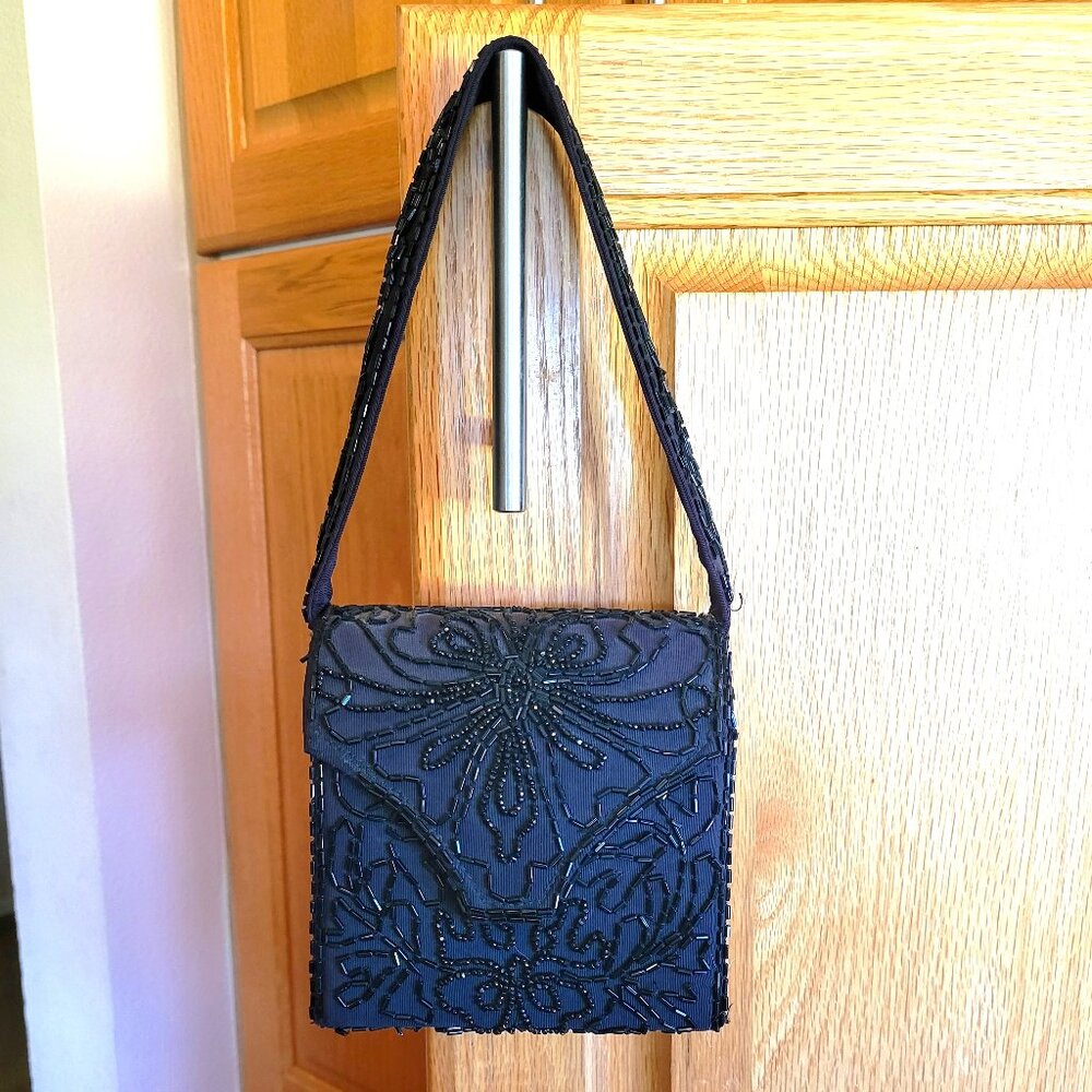 1940's Black Hand Beaded Square Purse with Handle